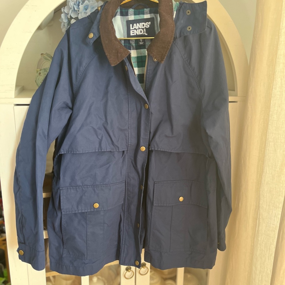 Lands' End Blue Barn Jacket with Brown Corduroy Collar with Hood